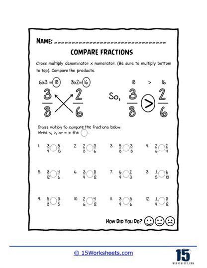 Comparing Fractions Interactive Cross Multiplication Worksheet