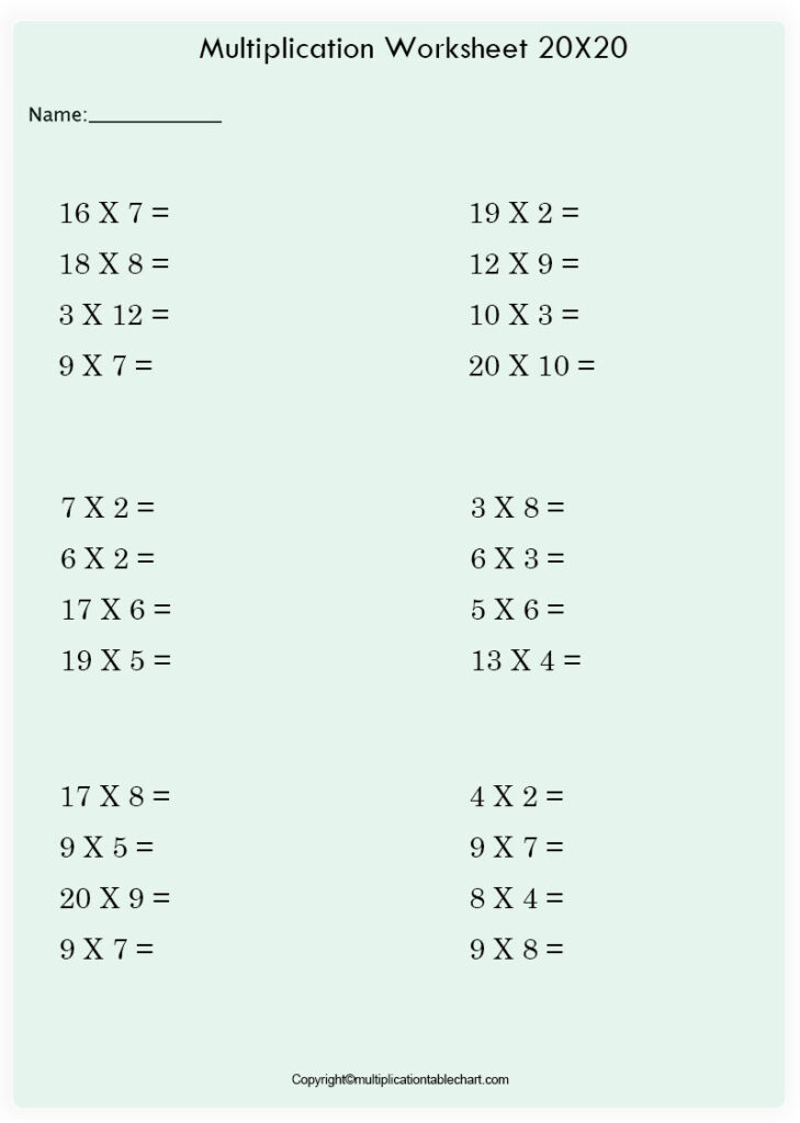 Printable Free Multiplication Chart 20 20 Grid PDF