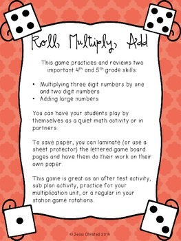 Roll Multiply Add Game Upper Grades Multiplication Practice PRINT 